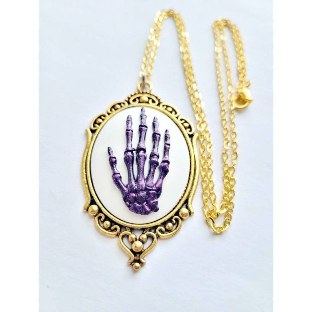 Purple Iridescent Skeleton Hand Necklace Gold Goth cameo birthday gift gothic